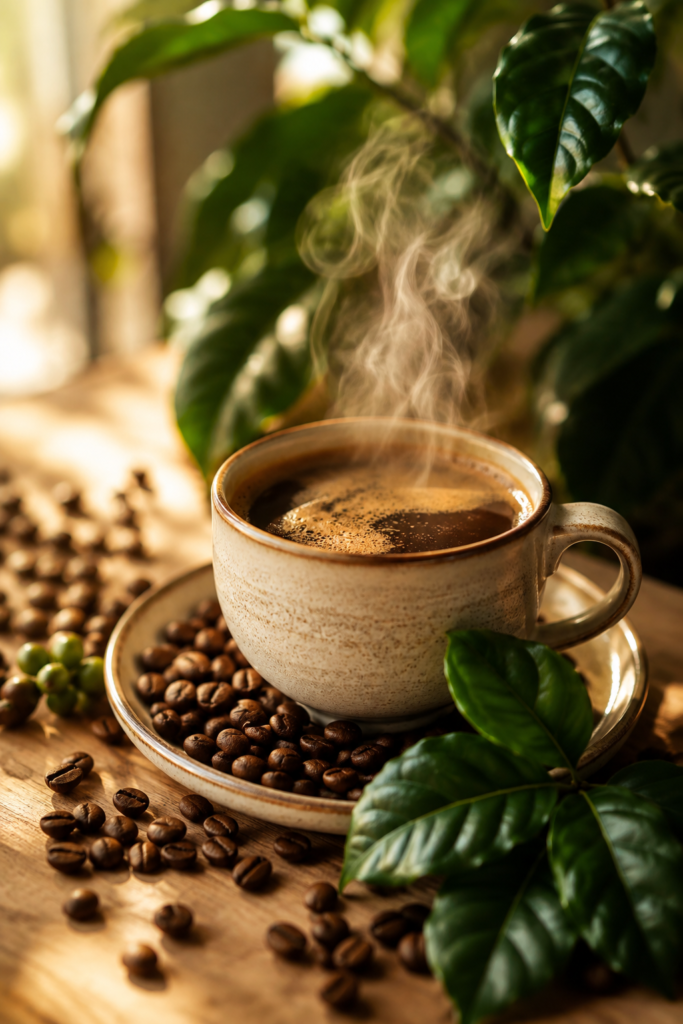 Taza de café con granos tostados y hojas de planta de café