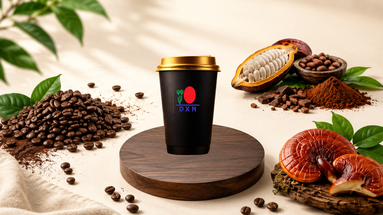 Ingredientes de Café DXN: granos de café, cacao y ganoderma reishi junto al vaso de la marca